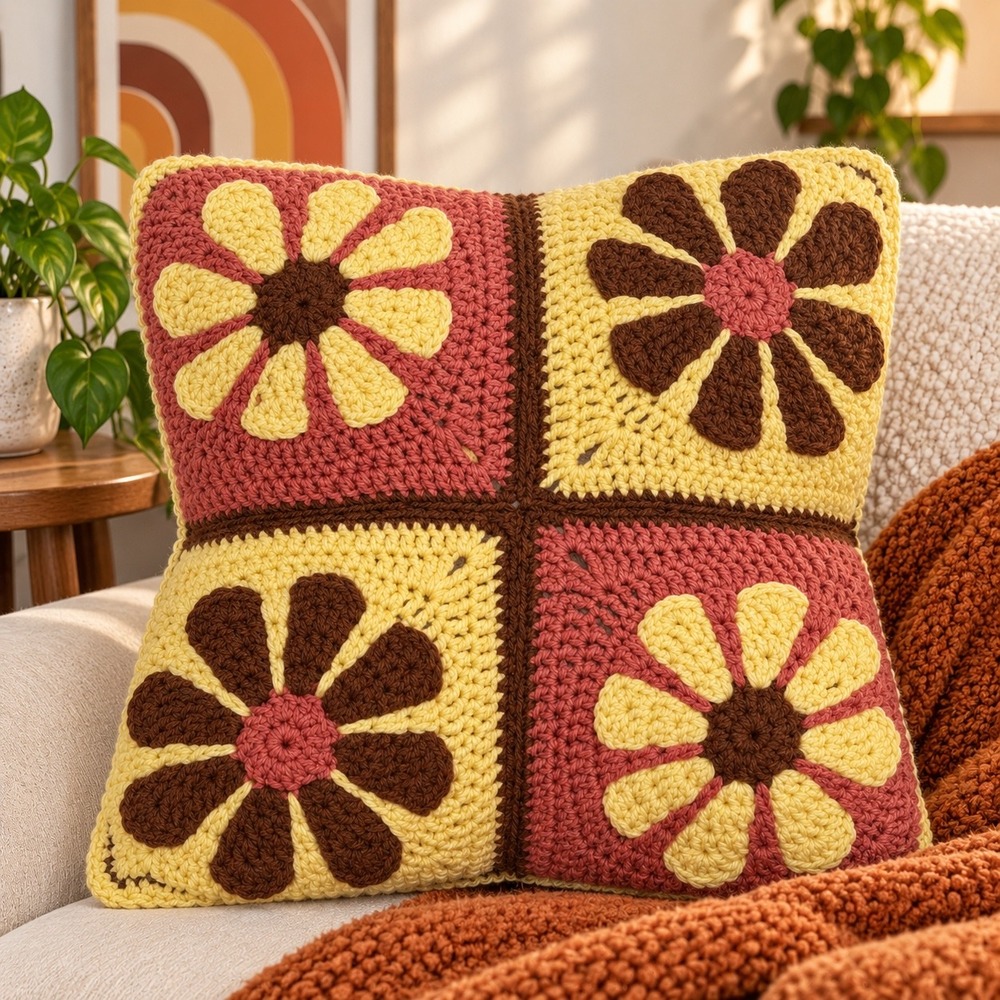 Handmade Crochet Daisy Pillow Retro Square Flower Boho Double Sided 14x14